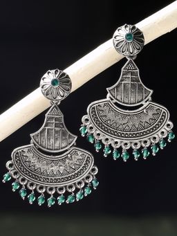 OOMPH - Oxidised Silver Ethnic Drop Earrings-Silver Look Alike-Green Beads