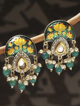 OOMPH - Meenakari Ethnic Drop Earrings-Kundan & Beads Studded in Lotus Design