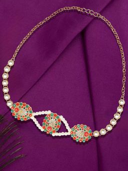 OOMPH - Gold Tone Green & Red Kundan & Pearls Ethnic Jadau Hair Chain/Hair Band