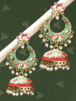 OOMPH - Mint Green Meenakari Chandbali Jhumka Earrings Kundan & Beads in Floral Design