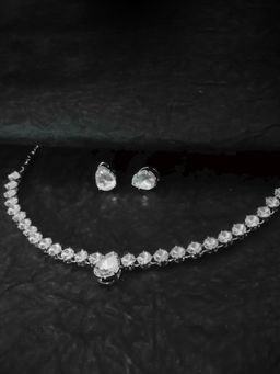 OOMPH - Silver Tone Cubic Zirconia AD Delicate Necklace Set with Stud Earrings