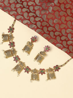 OOMPH - Red & Green Kempu Stones Elephant Design Jewellery Necklace Set with Earrings