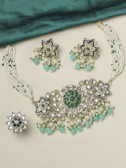 OOMPH - Green Beads & Kundan Multi Layer Choker Necklace Set with Drop Earrings & Ring