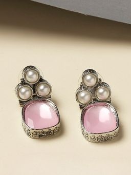 OOMPH - Oxidised Silver Small Ethnic Drop Earrings-Pink Opal MoonStone