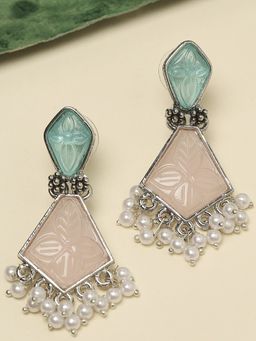 OOMPH - Pink & Mint Green Ethnic Drop Earrings-Engraved Jaipur Stones
