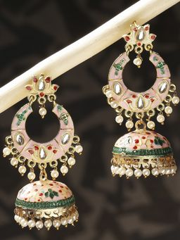OOMPH - Pink Meenakari Chandbali Jhumka Earrings-Kundan & Beads in Floral Design