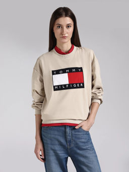 Tommy Hilfiger - Regular Fit Cotton Round Neck Beige Sweatshirt