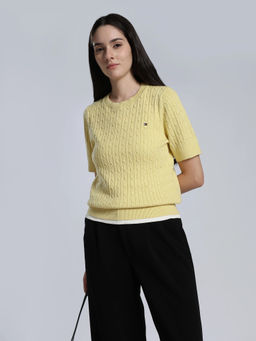 Tommy Hilfiger - Regular Fit Cotton Round Neck Yellow Sweater