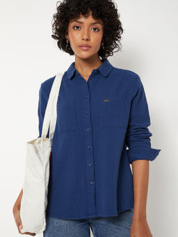 max - Women Blue Textured Regular Fit Shirt