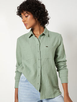 max - Women Green Textured Regular Fit Shirt