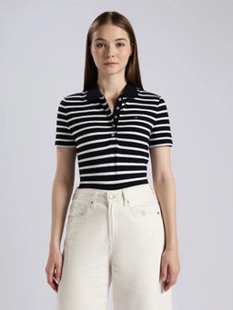 Tommy Hilfiger - Striped Regular Fit Cotton Navy Blue Polo T-Shirt