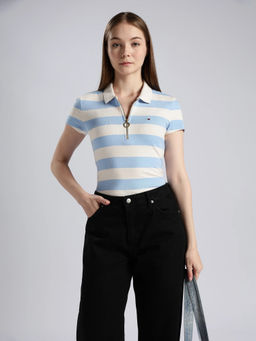 Tommy Hilfiger - Striped Slim Fit Cotton Blue Polo T-Shirt