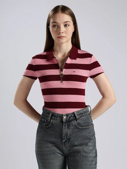 Tommy Hilfiger - Striped Slim Fit Cotton Red Polo T-Shirt