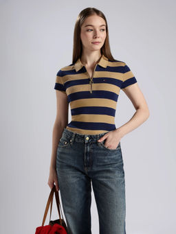 Tommy Hilfiger - Striped Slim Fit Cotton Brown Polo T-Shirt