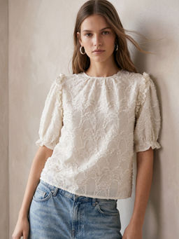 Outzidr - Off White Puff Sleeve Burn-Out Fabric Top