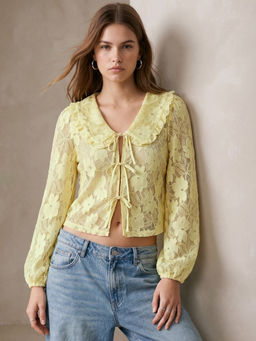 Outzidr - Yellow Textured Lace Front Tie-Up Top
