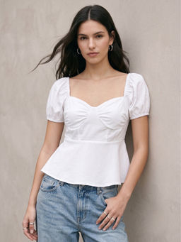 Outzidr - White Puff Sleeve Peplum Style Top