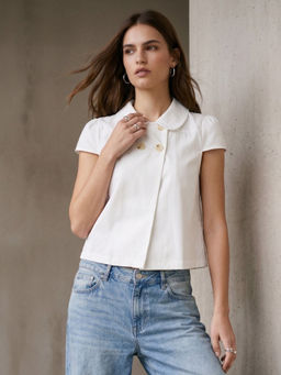 Outzidr - White Short Sleeve Front Buttoned Collared Top