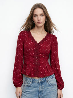 Outzidr - Red Polka Dotted Top With Lace Inserts