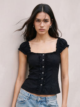 Outzidr - Black Button Down Frilled Detailed Top
