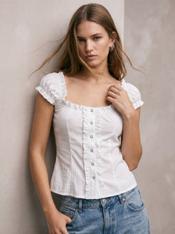 Outzidr - White Button Down Frilled Detailed Top