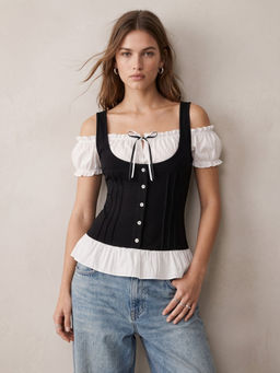 Outzidr - Black Y2K Scoop Neck Top With Off-Shoulder Sleeves
