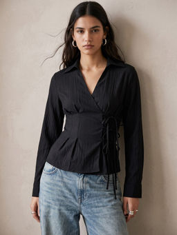 Outzidr - Black V Neck Wrap Top With Side Tie Up