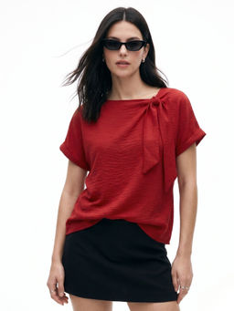 Outzidr - Red Relaxed With Tie Up Detail Top