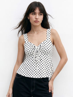 Outzidr - White Polka Dotted Sweetheart Neckline Peplum Top