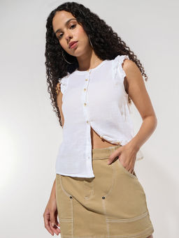 Outzidr - White Ruffle Sleeved White Top