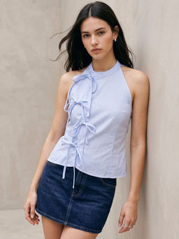 Outzidr - Blue Striped Halter Neck Side Tie Asymmetric Top