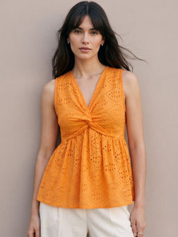 Outzidr - Orange Twist-Front Sleeveless Schiffli Top