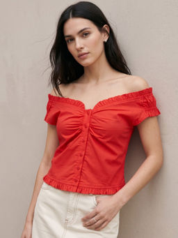 Outzidr - Red Off Shoulder Frill Details Top