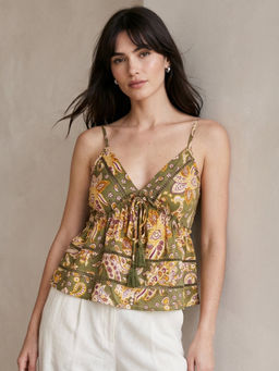 Outzidr - Green Bombay Floral With Tassel Details At Front Top