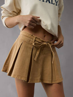 American Eagle - Women Brown Stretch Mid-Rise Pleated Mini Skort With Belt
