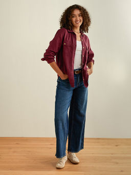 American Eagle - Linen-Blend Button-Up Maroon Shirt