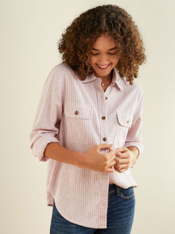 American Eagle - Linen-Blend Button-Up Pink Shirt
