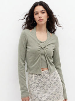 Outzidr - Green Halter Neck Full Sleeves Top