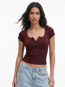 Outzidr - Red Half Sleeved Scoop Neck Top