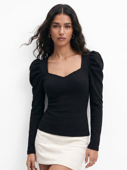 Outzidr - Black Puff Sleeve Fitted Top