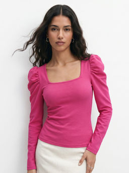 Outzidr - Pink Puff Sleeve Fitted Top