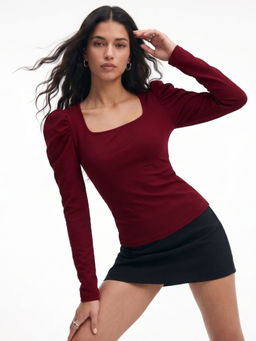 Outzidr - Wine Puff Sleeve Fitted Top