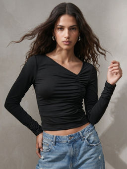 Outzidr - Black Asymmetric Neckline Fitted Top