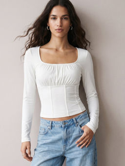 Outzidr - White Ruched Bust Square Neck Top