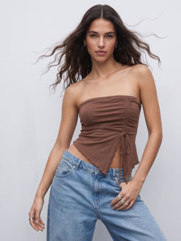Outzidr - Brown Ruched Tube Crop Top