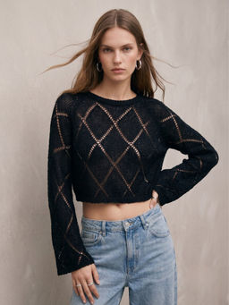 Outzidr - Black Bell Sleeve Crochet Crop Top