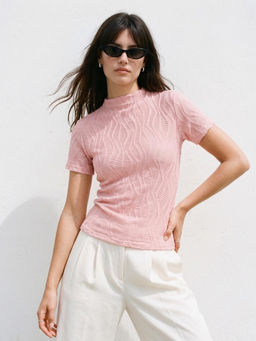 Outzidr - Pink Textured High Neck Fitted Top