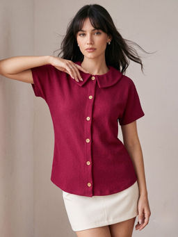 Outzidr - Magenta Waffles Textured Button Down Top