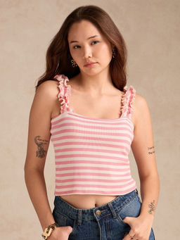 Outzidr - Pink Striped Rib Tank Top With Ruffle Straps