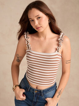 Outzidr - Brown Striped Rib Tank Top With Ruffle Straps